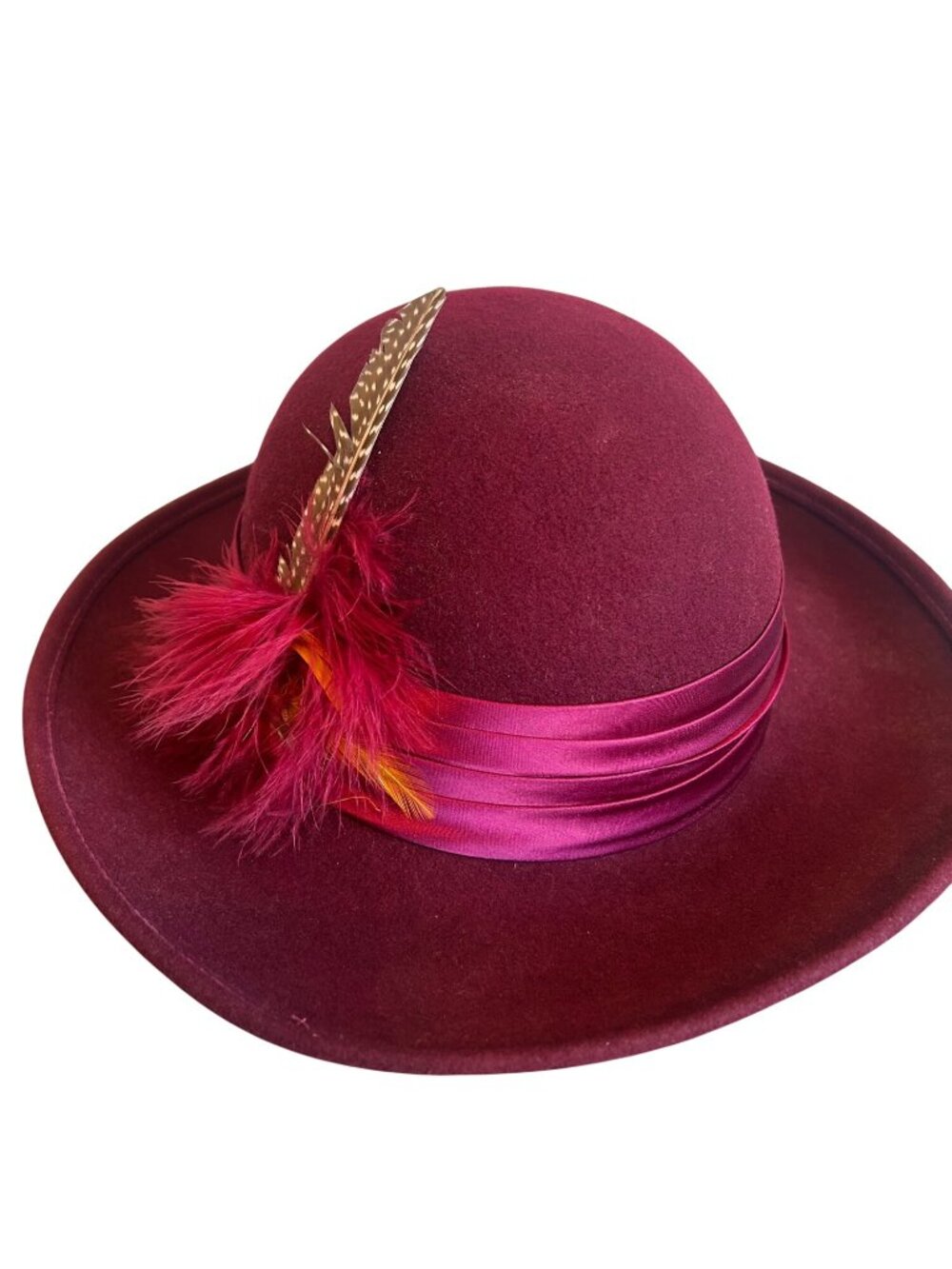 Vintage Geo W Bollman Burgundy Wool Hat With Satin Ribbon & Feather Accent - Picture 6 of 16